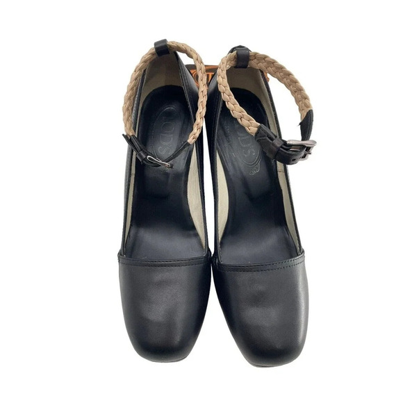 TOD'S Womens size US 7 Black Leather Platform Wedge Shoes Strap EU 37 Dust Bag - Picture 6 of 16